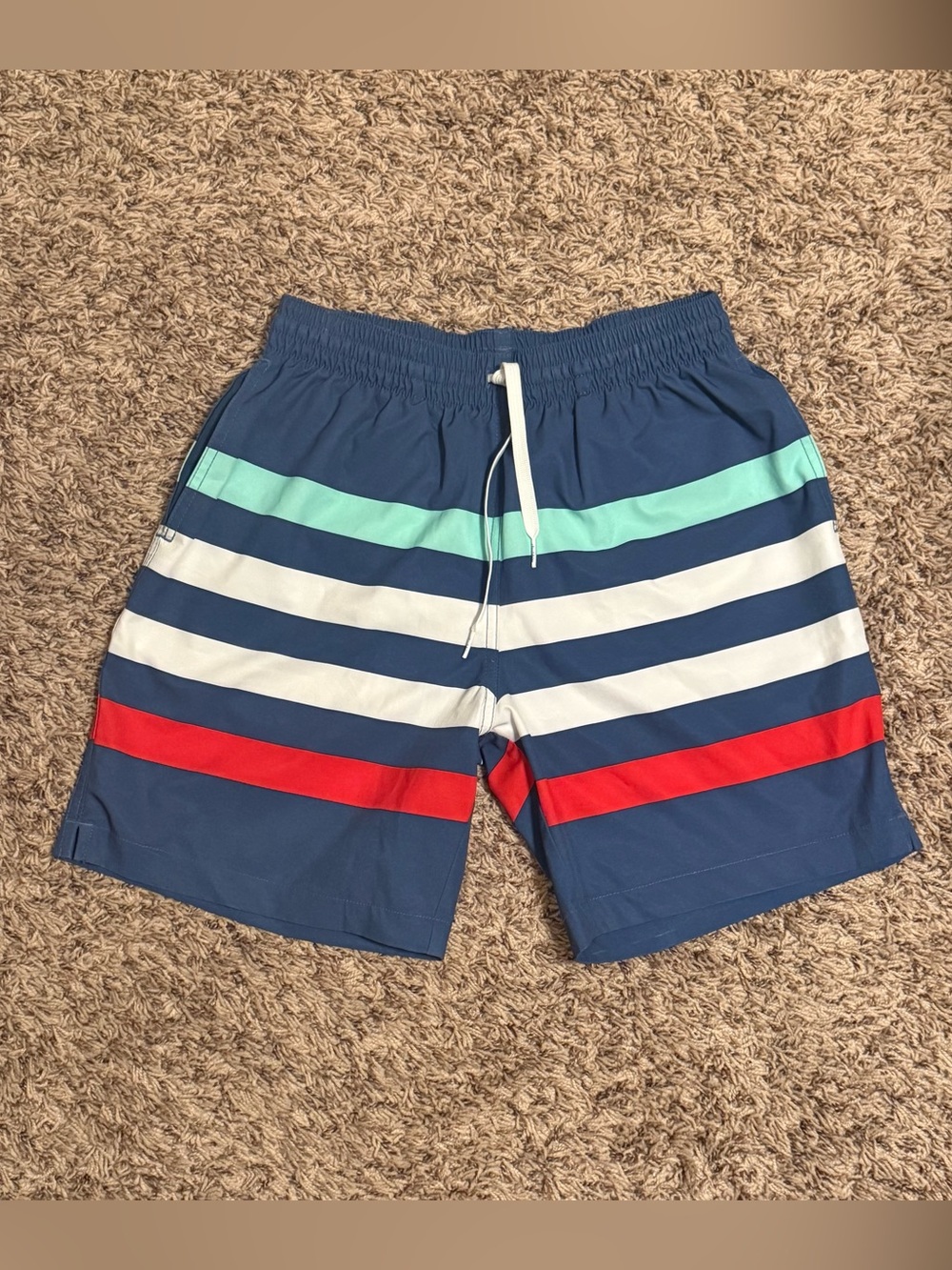 7” small chubbies swim trunks Navy with White, Red & Mint Stripes
